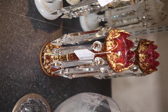 A pair of Bohemian gilt-decorated ruby glass table lustres, late 19th century, 27cm, one with damage